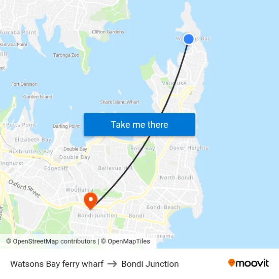 Watsons Bay ferry wharf to Bondi Junction map