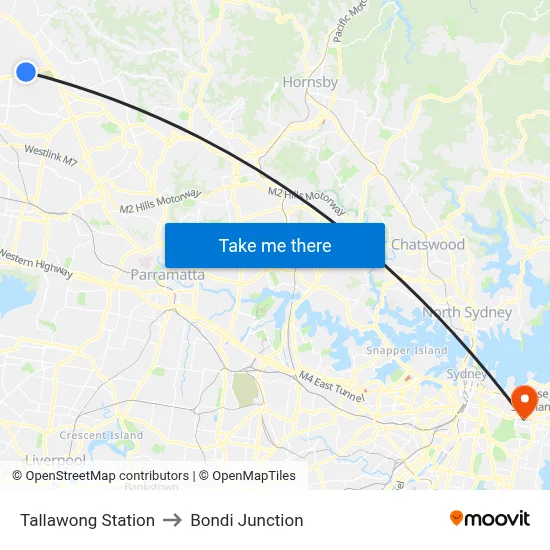 Tallawong Station to Bondi Junction map