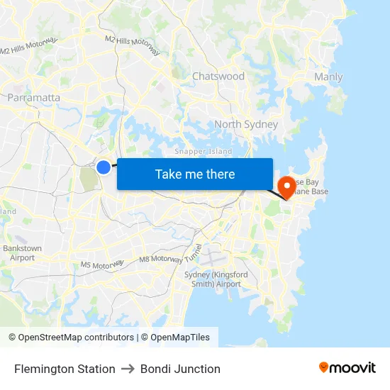 Flemington Station to Bondi Junction map