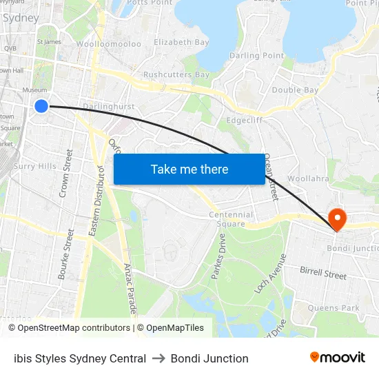 ibis Styles Sydney Central to Bondi Junction map