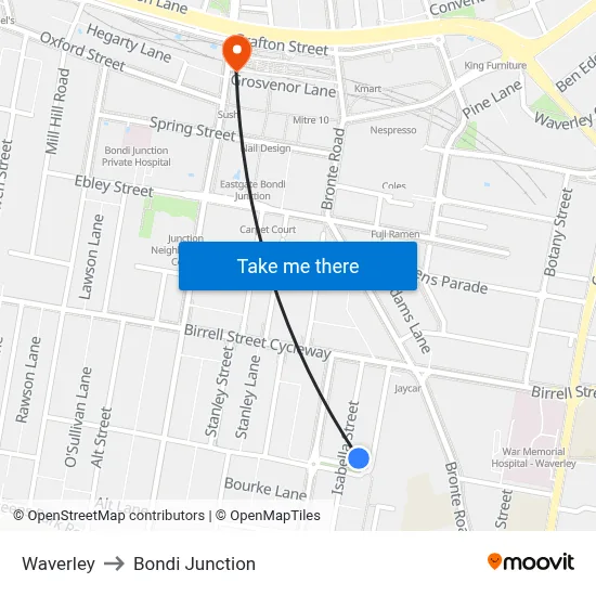 Waverley to Bondi Junction map