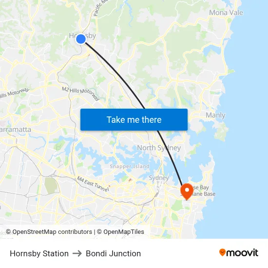 Hornsby Station to Bondi Junction map