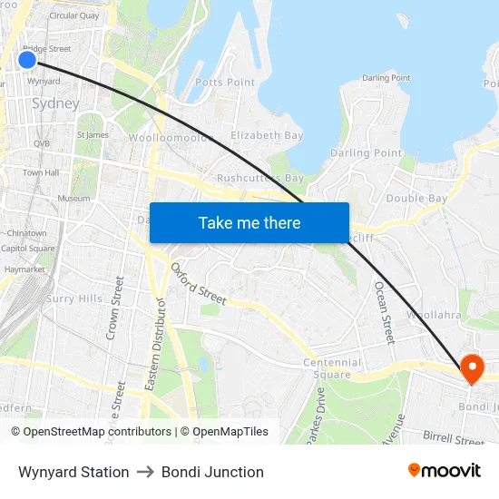 Wynyard Station to Bondi Junction map