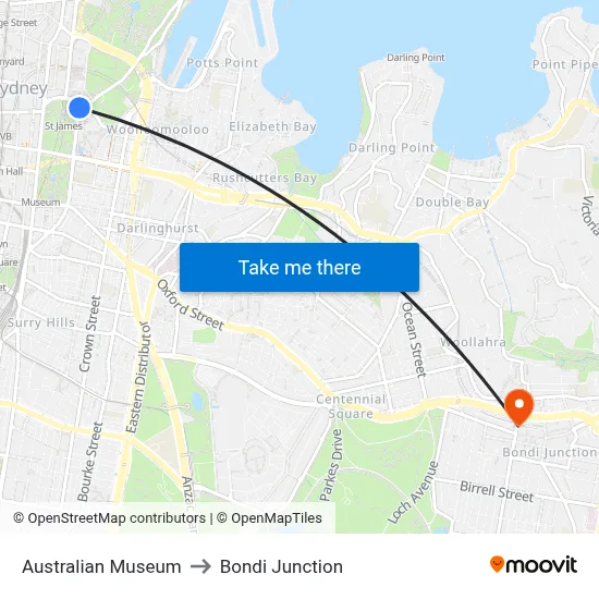 Australian Museum to Bondi Junction map