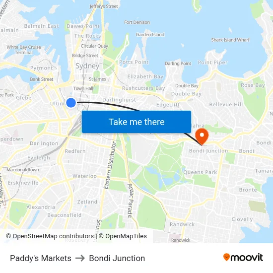 Paddy's Markets to Bondi Junction map
