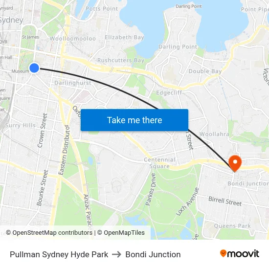 Pullman Sydney Hyde Park to Bondi Junction map
