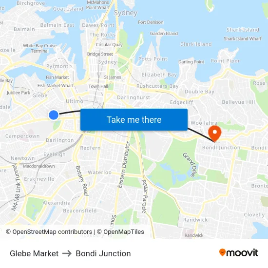 Glebe Market to Bondi Junction map