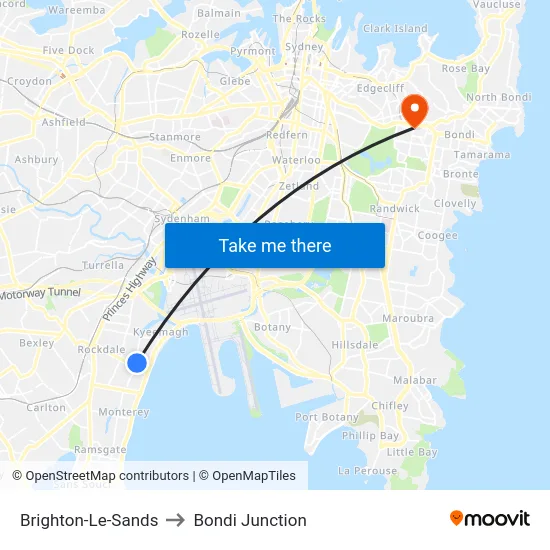 Brighton-Le-Sands to Bondi Junction map