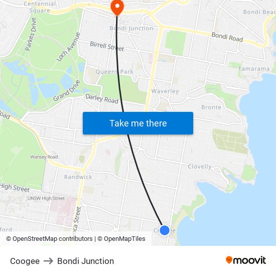 Coogee to Bondi Junction map