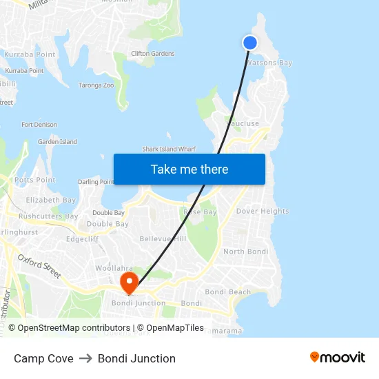 Camp Cove to Bondi Junction map