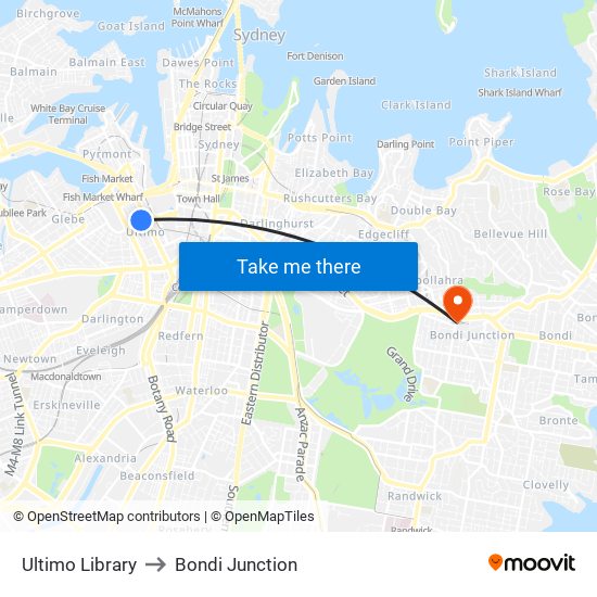 Ultimo Library to Bondi Junction map