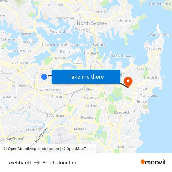 Leichhardt to Bondi Junction map