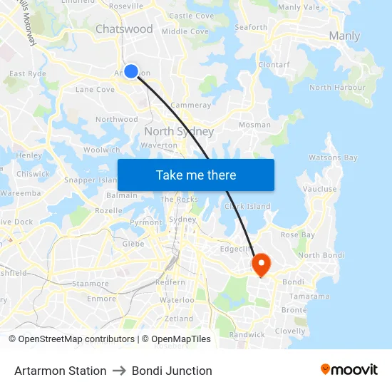 Artarmon Station to Bondi Junction map
