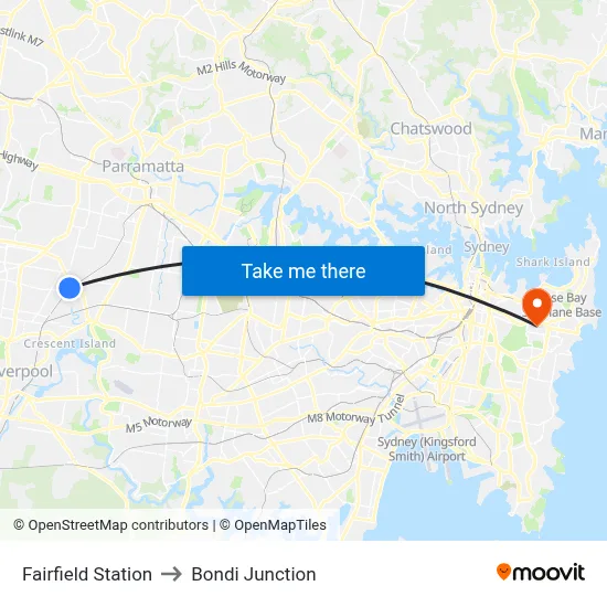 Fairfield Station to Bondi Junction map