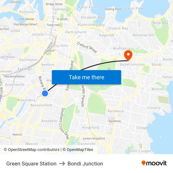Green Square Station to Bondi Junction map