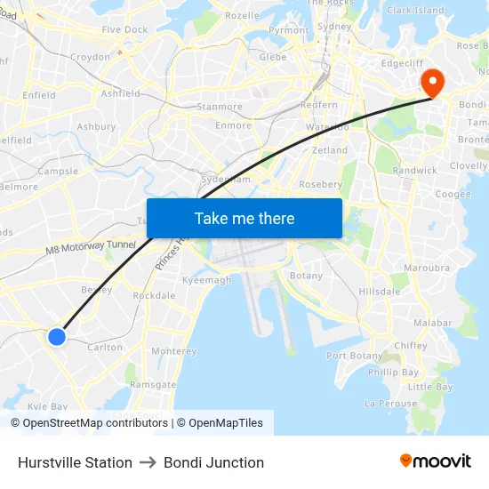 Hurstville Station to Bondi Junction map