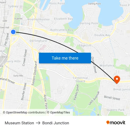 Museum Station to Bondi Junction map