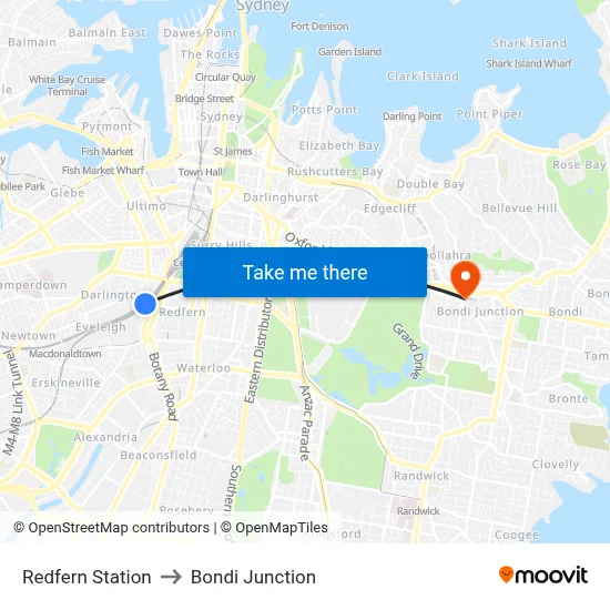 Redfern Station to Bondi Junction map