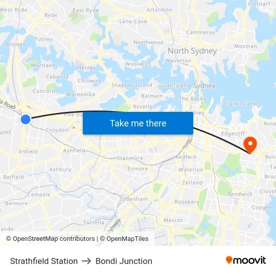 Strathfield Station to Bondi Junction map