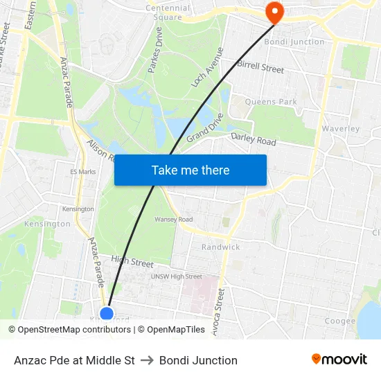 Anzac Pde at Middle St to Bondi Junction map