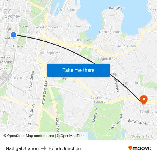 Gadigal Station to Bondi Junction map