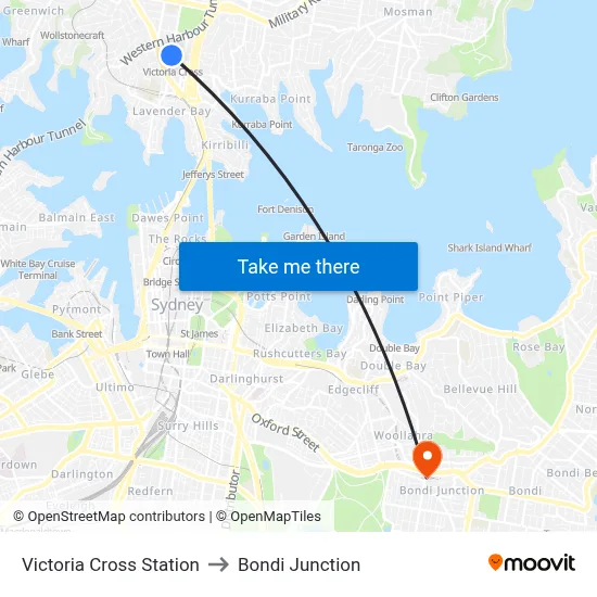 Victoria Cross Station to Bondi Junction map