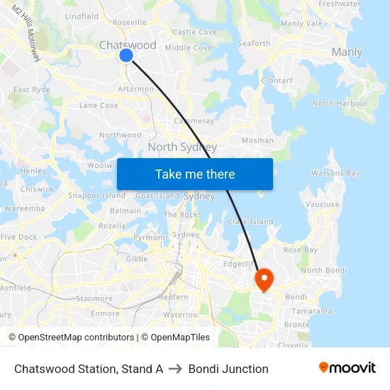 Chatswood Station, Stand A to Bondi Junction map
