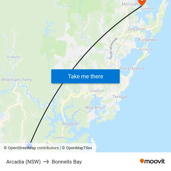 Arcadia (NSW) to Bonnells Bay map