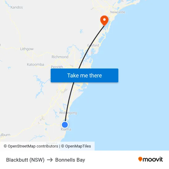 Blackbutt (NSW) to Bonnells Bay map