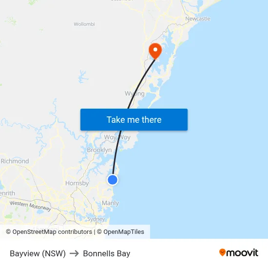 Bayview (NSW) to Bonnells Bay map