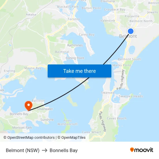 Belmont (NSW) to Bonnells Bay map