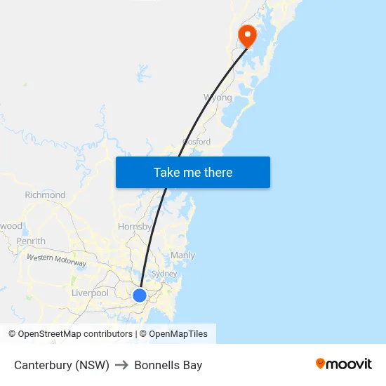 Canterbury (NSW) to Bonnells Bay map