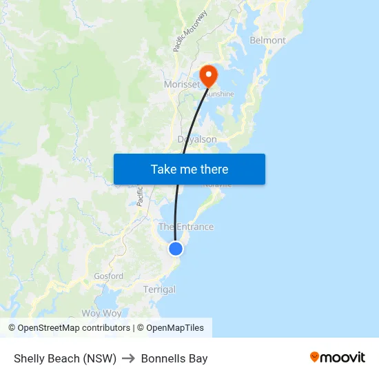Shelly Beach (NSW) to Bonnells Bay map