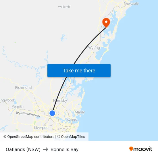 Oatlands (NSW) to Bonnells Bay map
