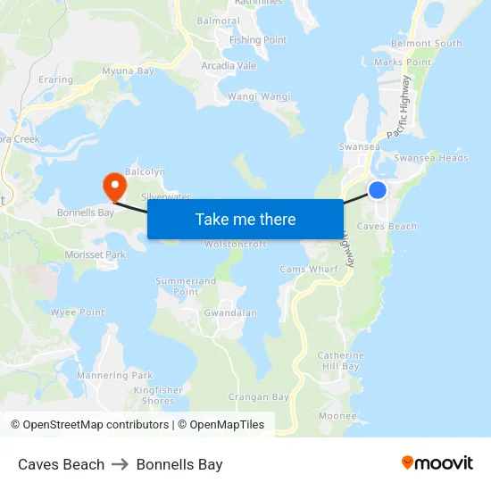 Caves Beach to Bonnells Bay map