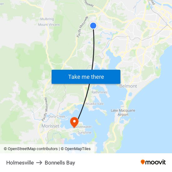 Holmesville to Bonnells Bay map