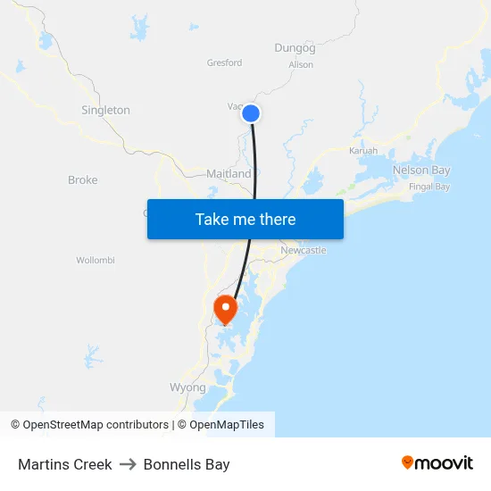 Martins Creek to Bonnells Bay map