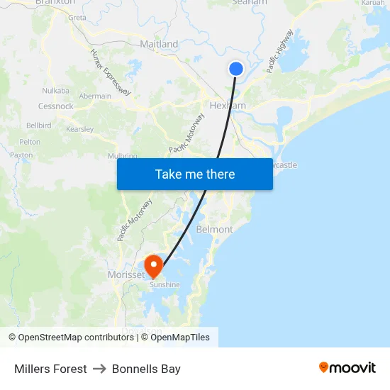 Millers Forest to Bonnells Bay map