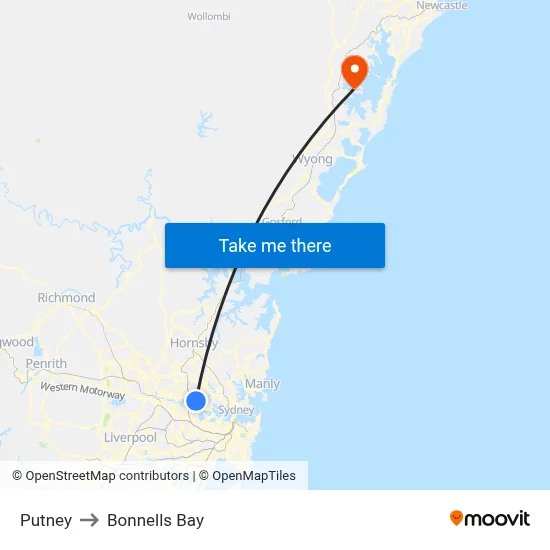 Putney to Bonnells Bay map