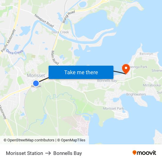 Morisset Station to Bonnells Bay map