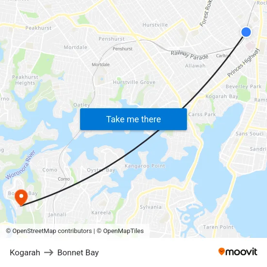 Kogarah to Bonnet Bay map