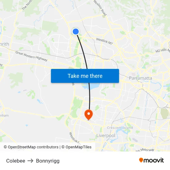 Colebee to Bonnyrigg map