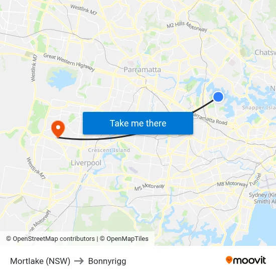 Mortlake (NSW) to Bonnyrigg map