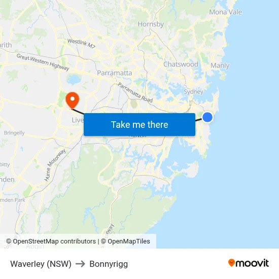 Waverley (NSW) to Bonnyrigg map
