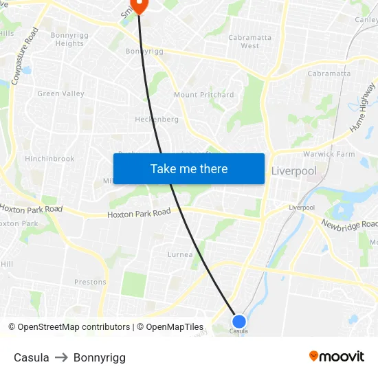 Casula to Bonnyrigg map
