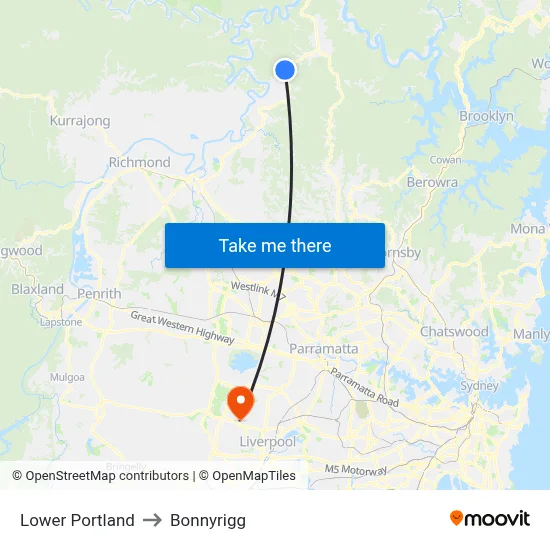Lower Portland to Bonnyrigg map