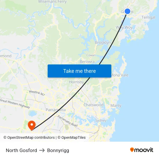 North Gosford to Bonnyrigg map