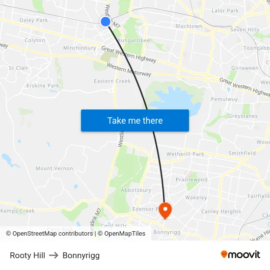 Rooty Hill to Bonnyrigg map