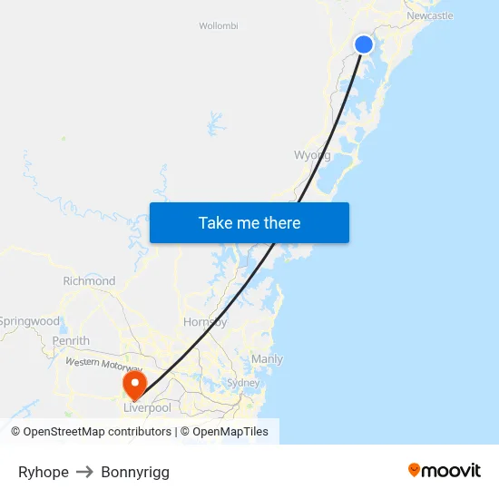 Ryhope to Bonnyrigg map