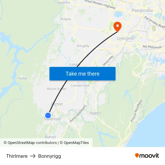 Thirlmere to Bonnyrigg map